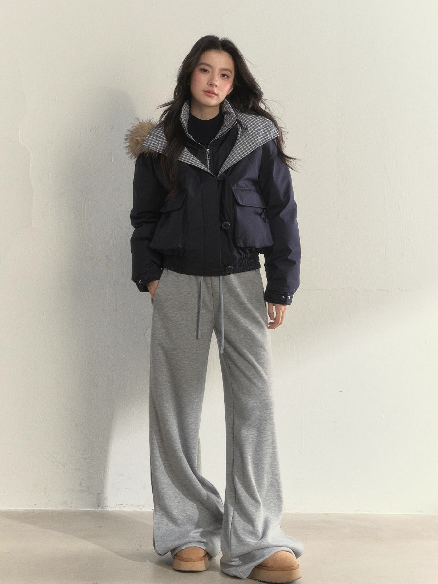 “Flowing Glacier” Patchwork Down Jacket with Fur Collar