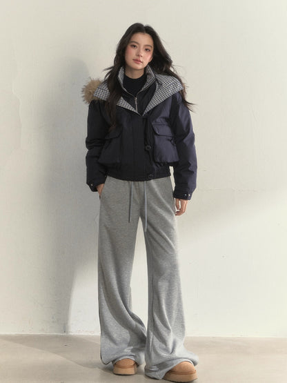 “Flowing Glacier” Patchwork Down Jacket with Fur Collar