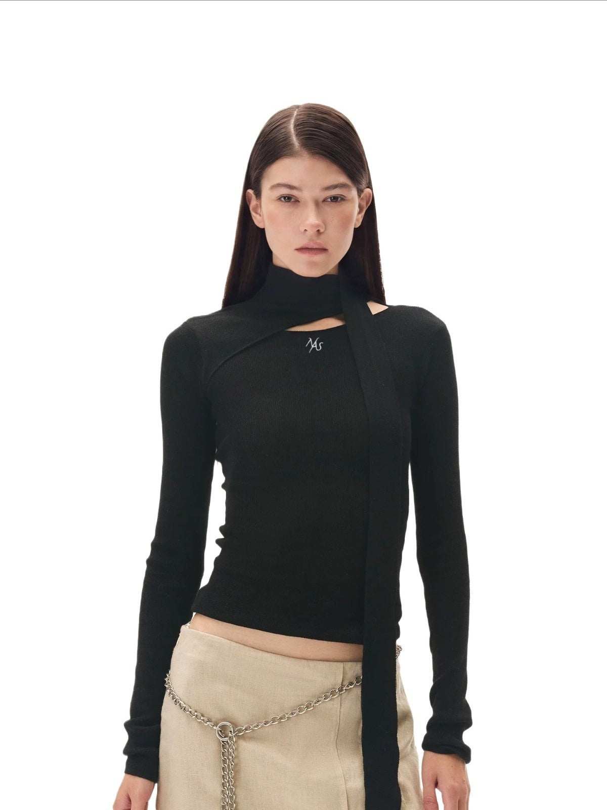 Asymmetric Ribbon Cutout Knit Top