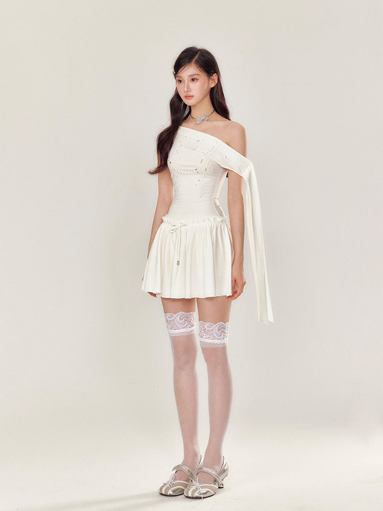 Off-Shoulder Pearl and Rhinestone Puff Dress