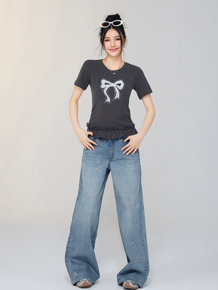 Ballet-style Bow-adorned Short sleeve Top