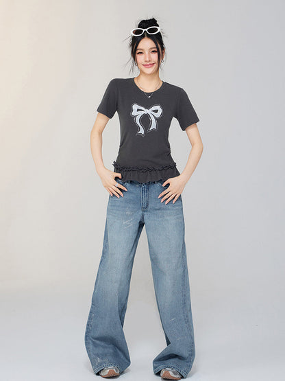 Ballet-style Bow-adorned Short sleeve Top