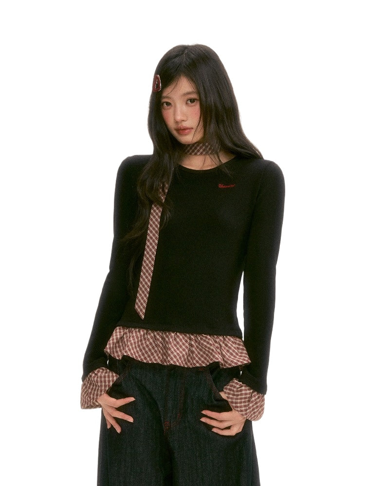 Black Plaid Ruffle Long-Sleeve Top
