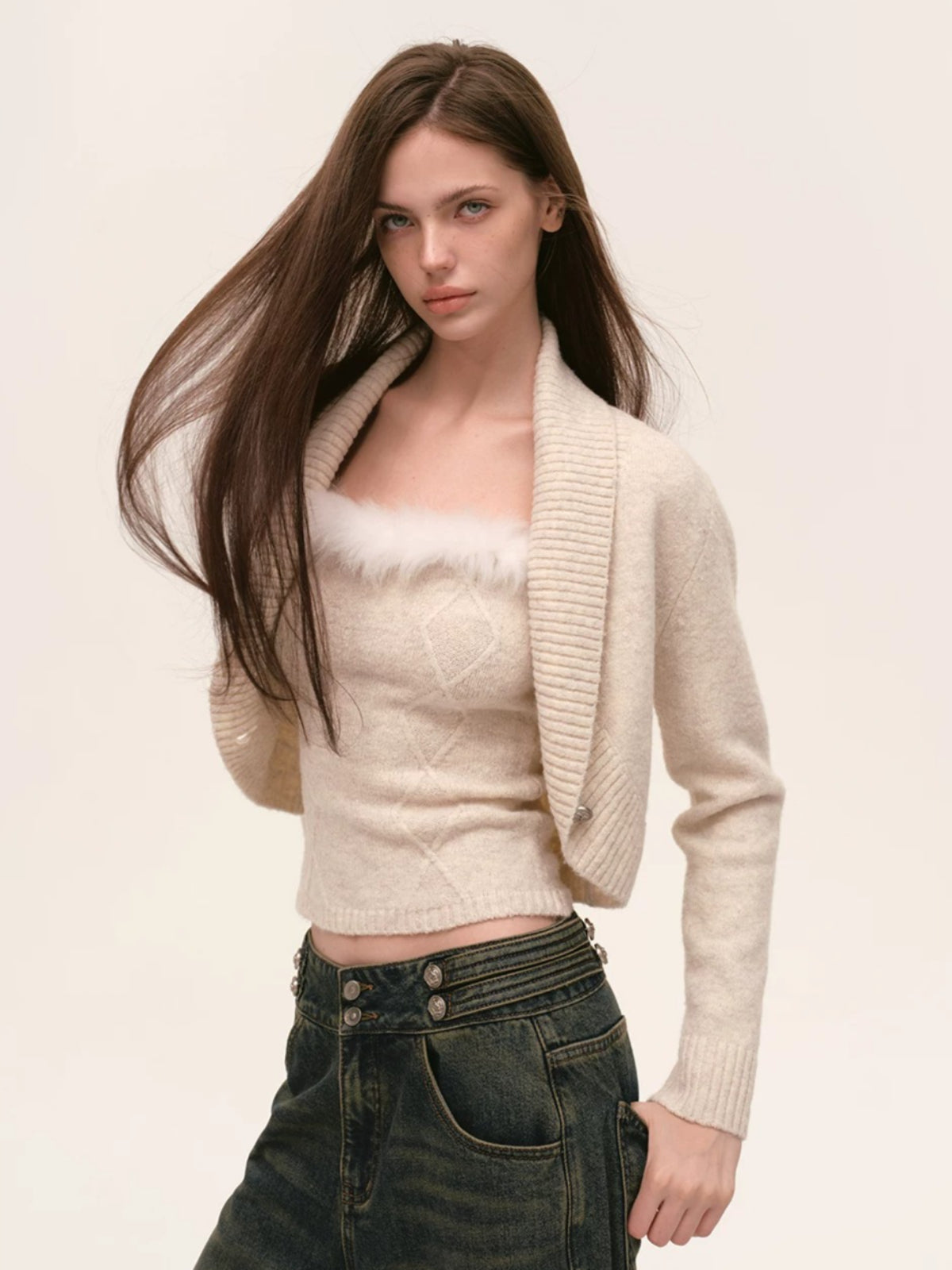 Fur Trimmed Camisole &amp; Cardigan Set