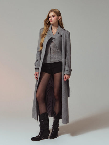 Structured Epaulette Stand-Collar Wool Long Coat