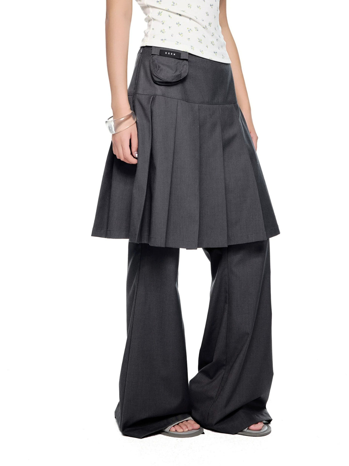Pleated Skirt Overlay Flare Pants
