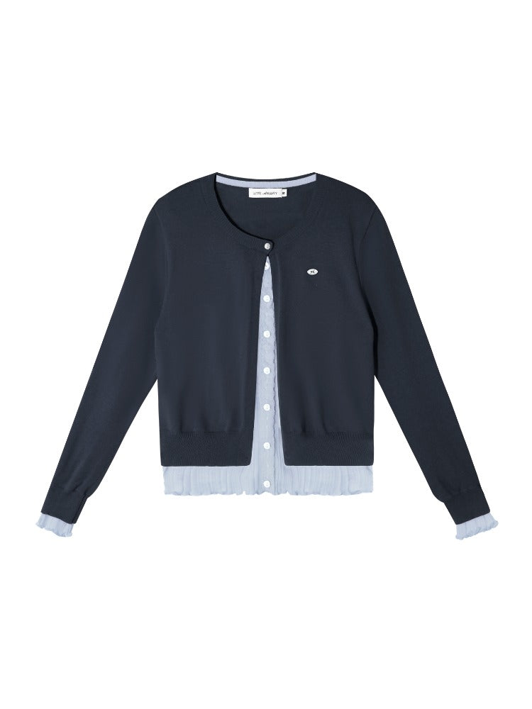 Contrast Mock-Layer Knit Cardigan