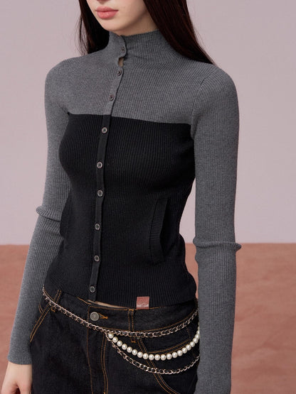 Color-Block High Neck Knit Top &amp; Fringe Cape Set