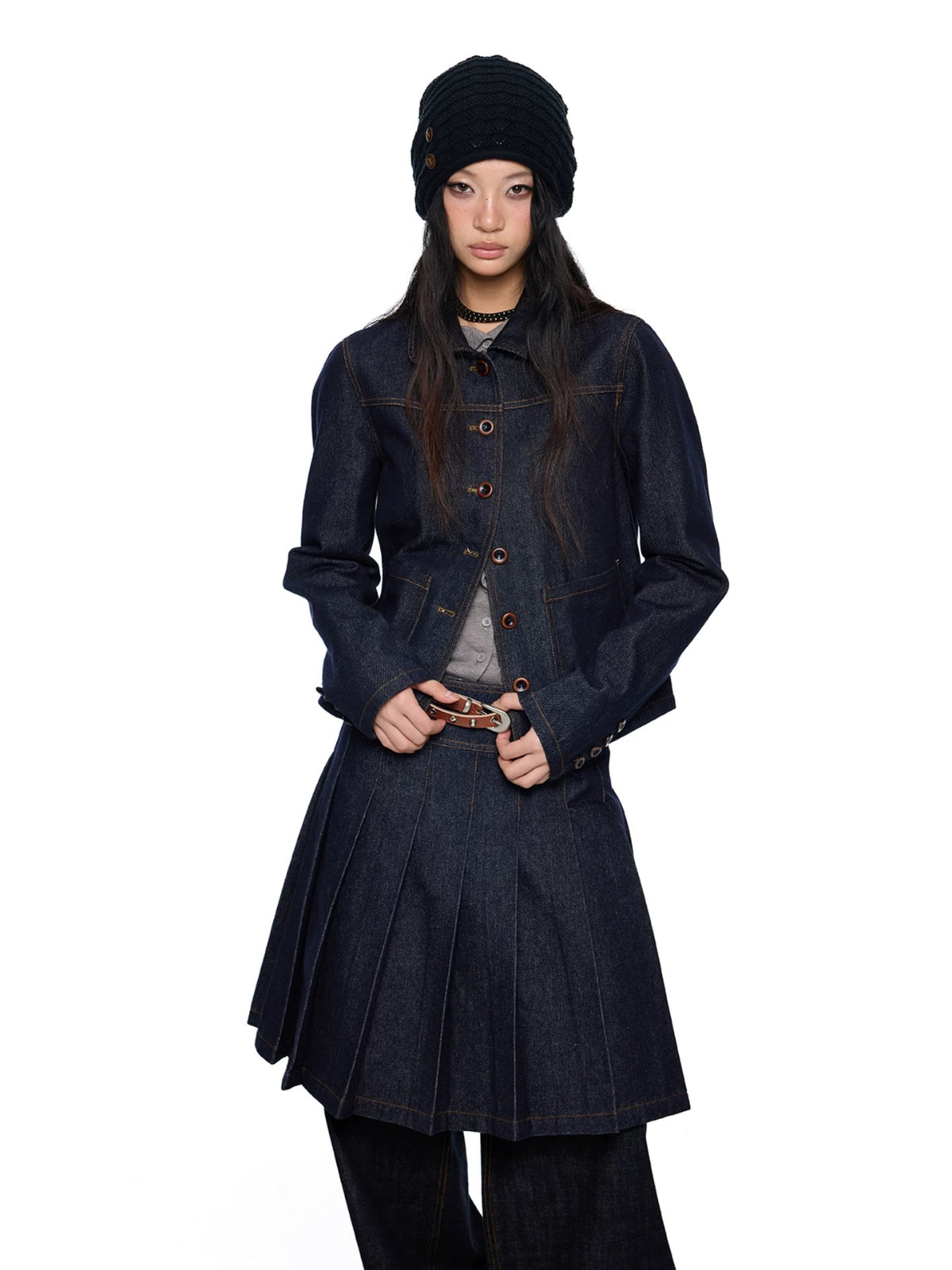Vintage Denim Collar Pleated Skirt Set