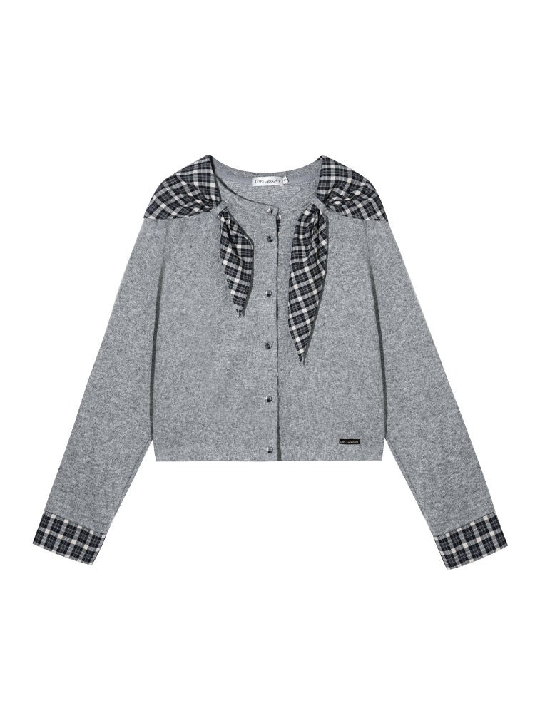 Wool Blend Plaid Tie Cardigan