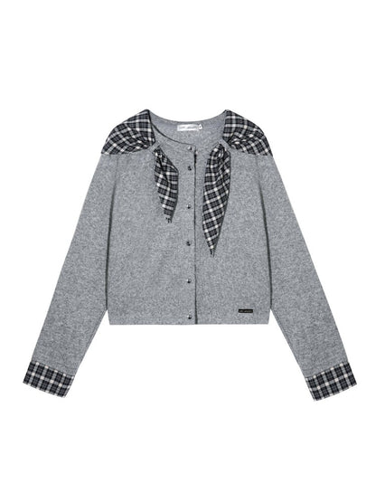 Wool Blend Plaid Tie Cardigan