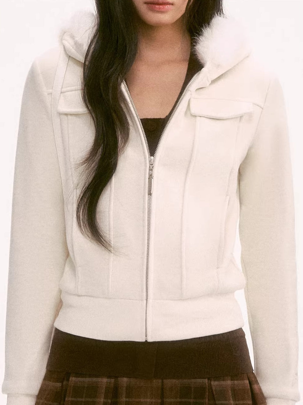 Apricot Fur-Trim Hooded Jacket