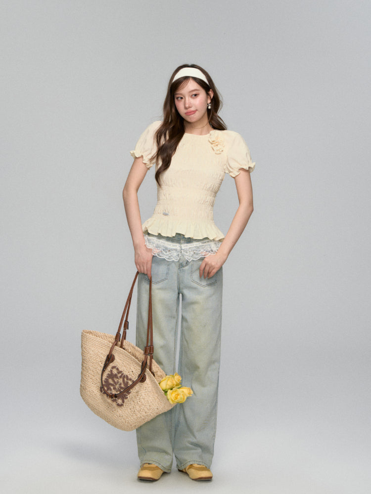 Lace-Trimmed Washed Straight-Leg Jeans Set