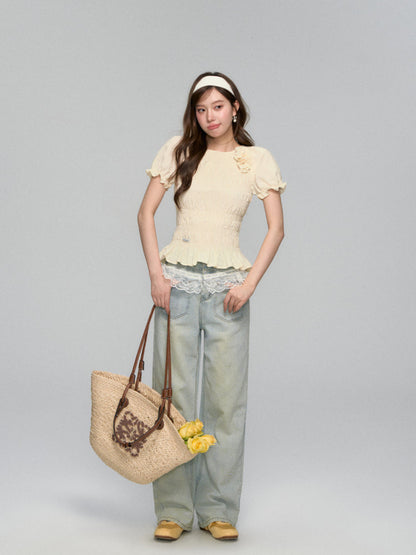 Lace-Trimmed Washed Straight-Leg Jeans Set