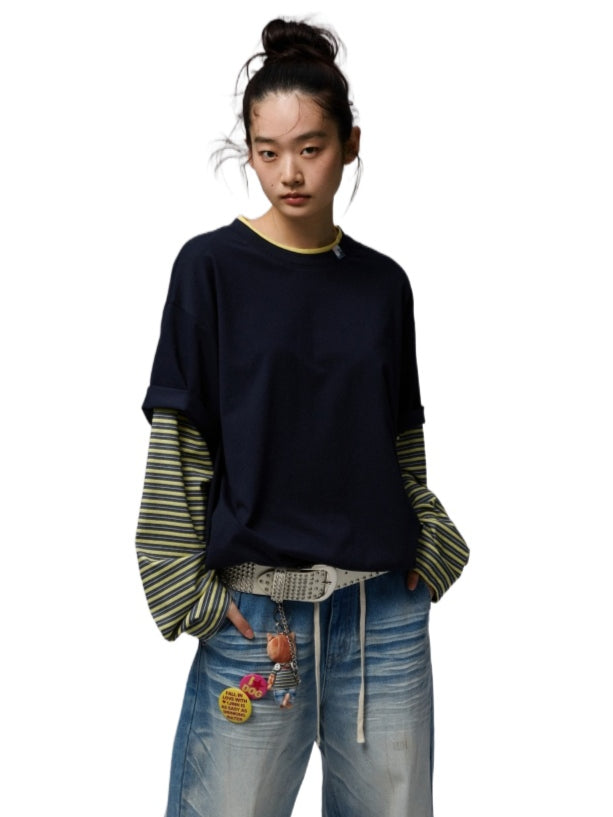Fake Two-Piece Contrast Color Loose Striped T-Shirt