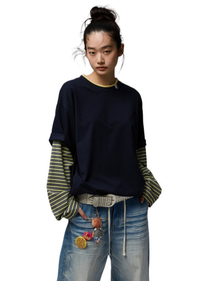 Fake Two-Piece Contrast Color Loose Striped T-Shirt