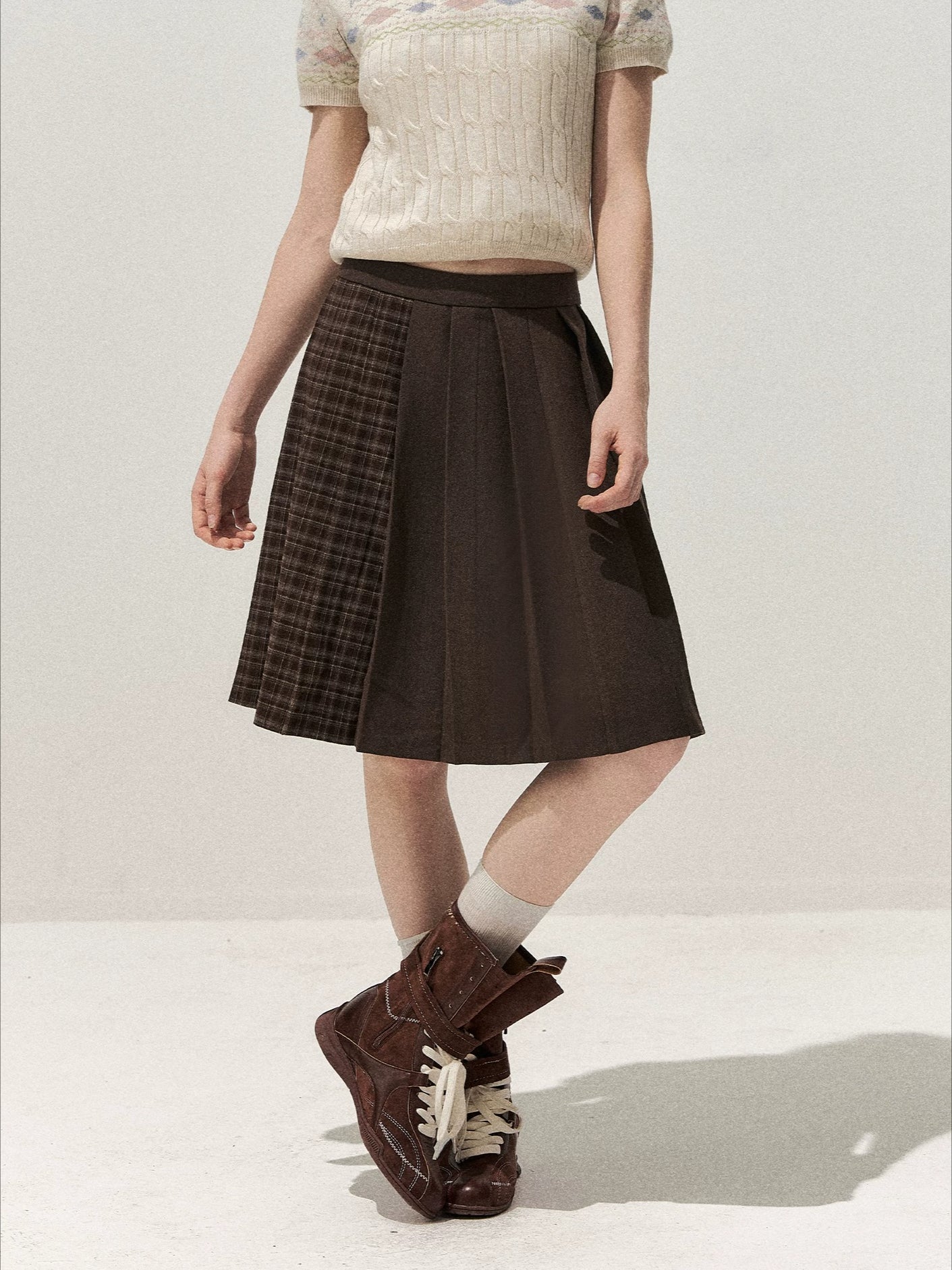 Brown Plaid Pleated Skirt
