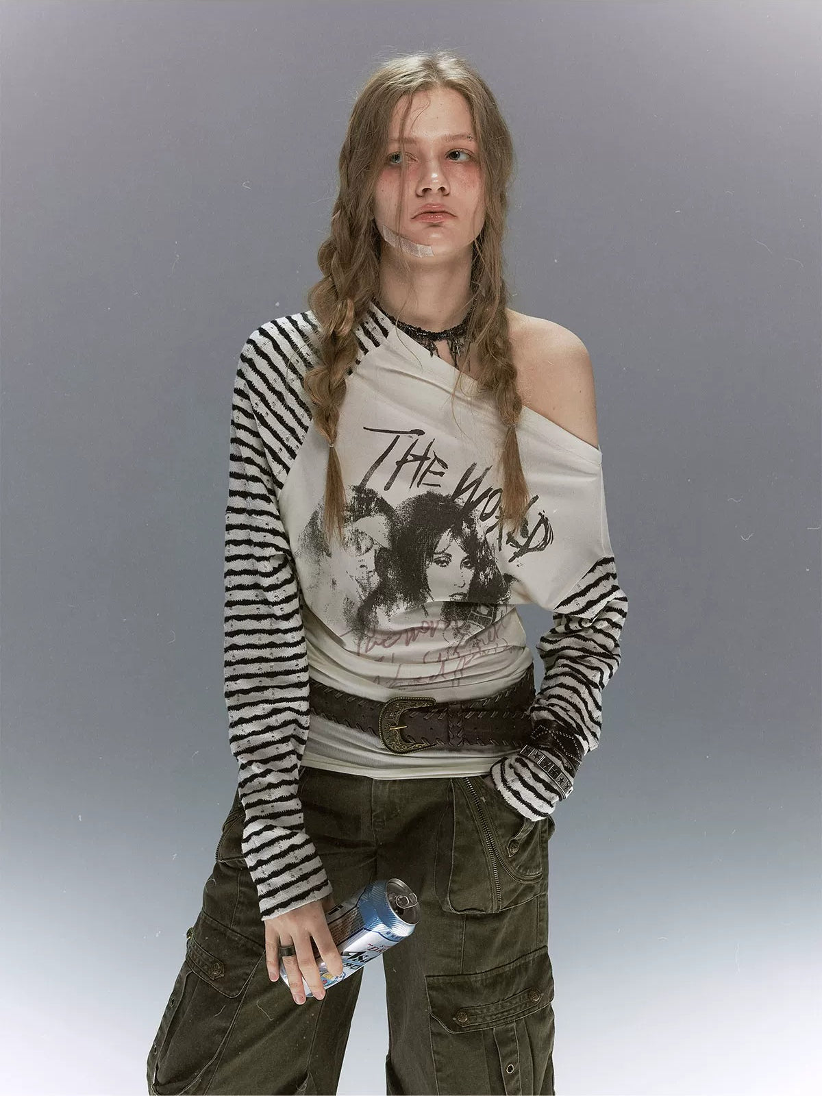Punk Portrait Stripe Asymmetric Top