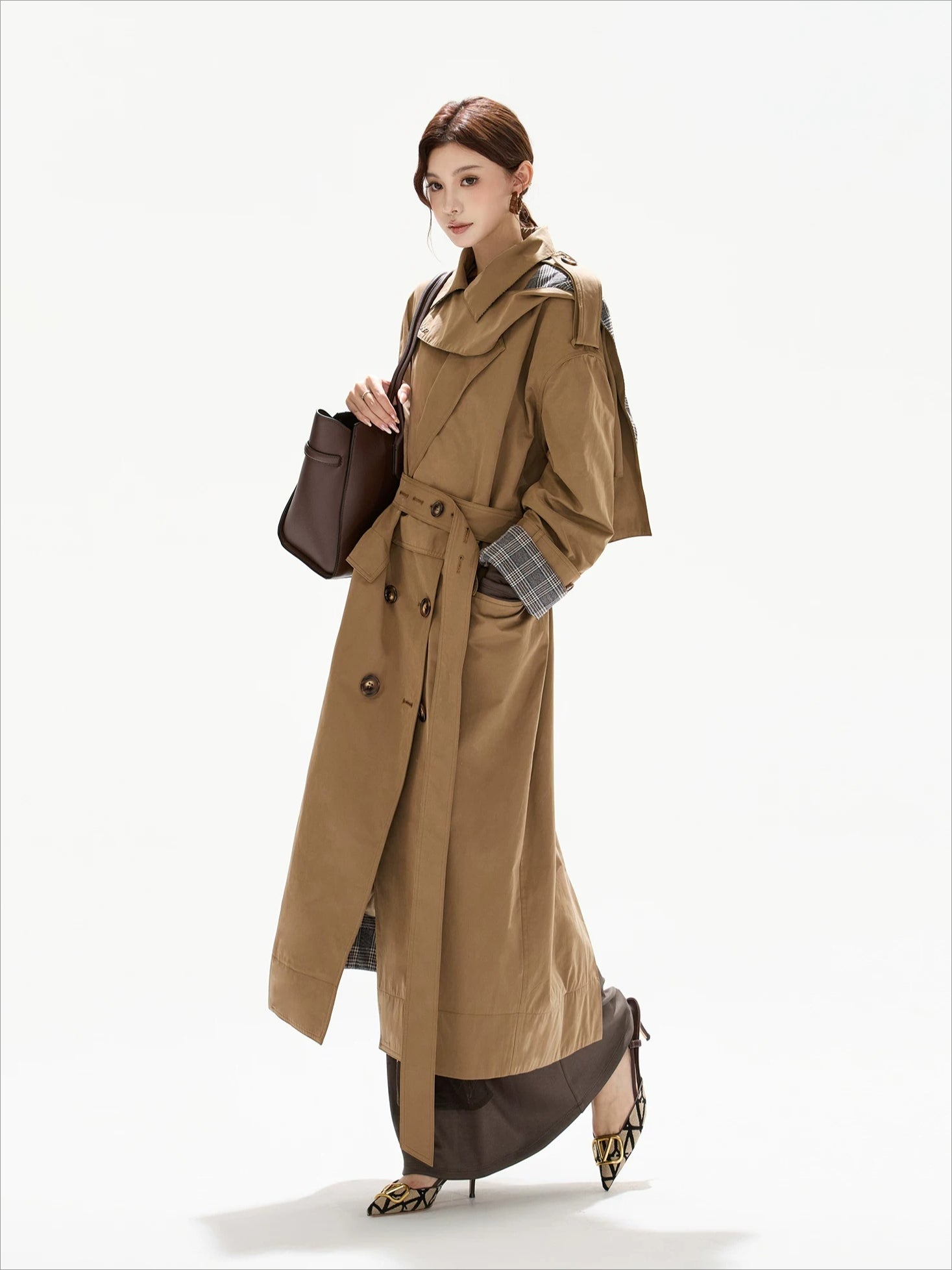 Khaki Plaid Belted Trench Coat