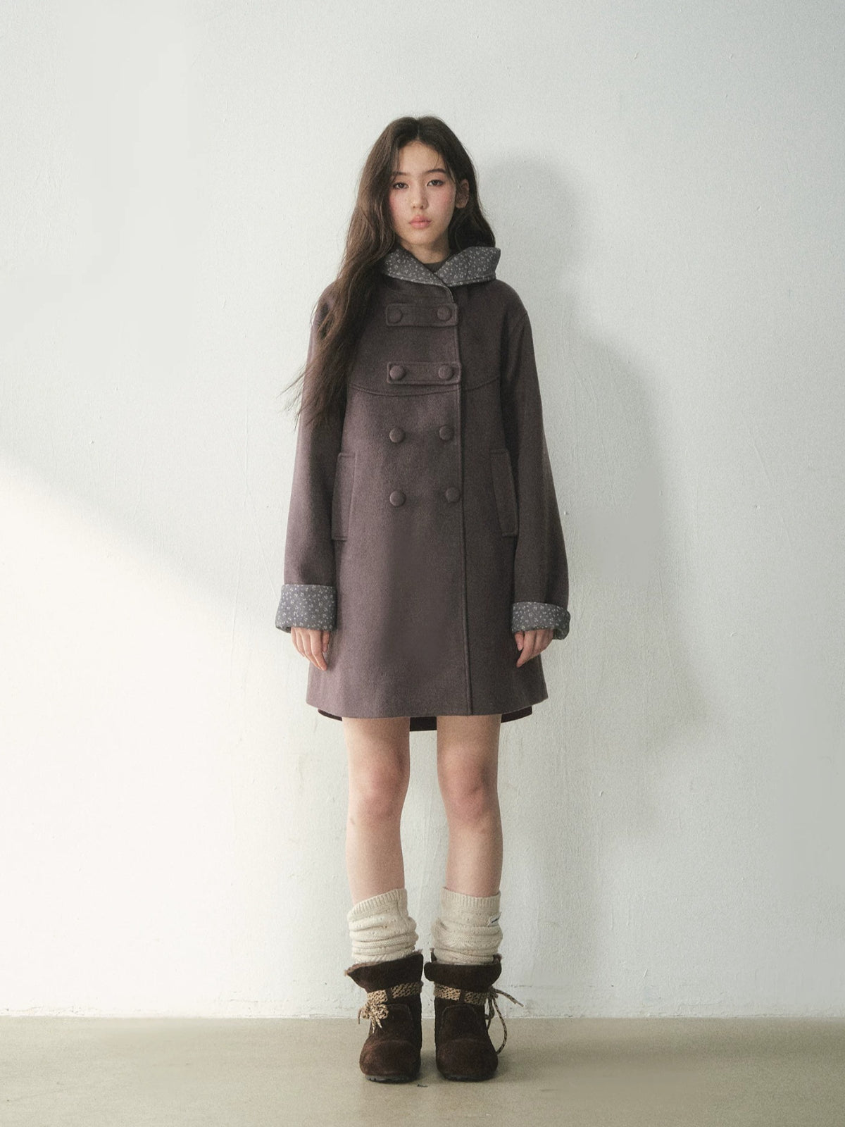 Double-Breasted Floral Hooded Wool Coat