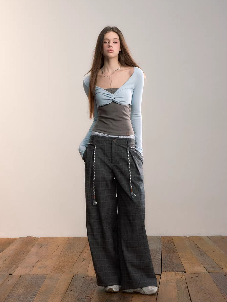 Double Waist Plaid Trousers