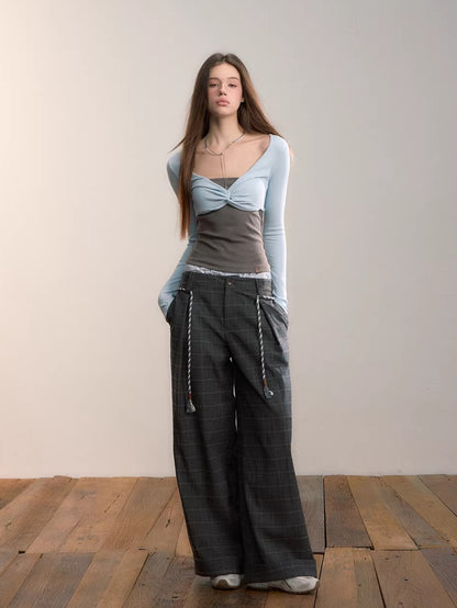 Double Waist Plaid Trousers