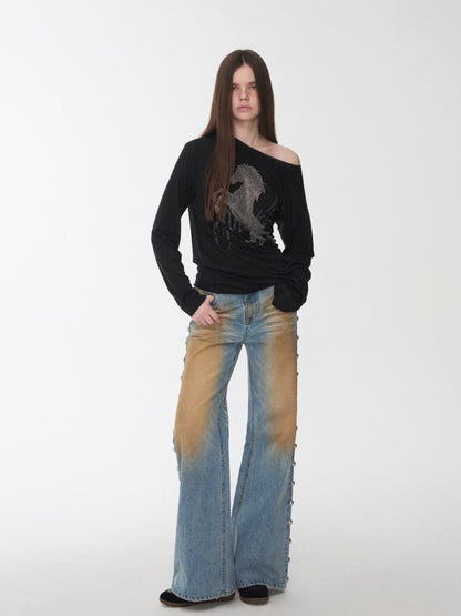 Mud-Dyed Washed Studded Straight-Leg Jeans