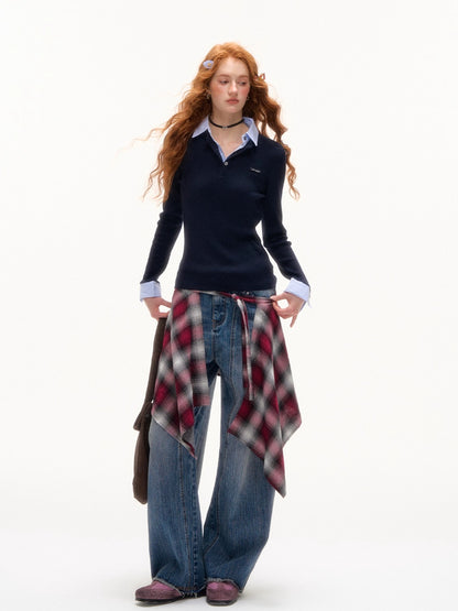 Blue &amp; Gray Striped Knit Lapel Sweater