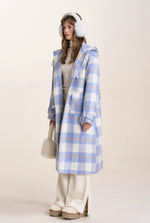Blue Check Hooded Wool Coat