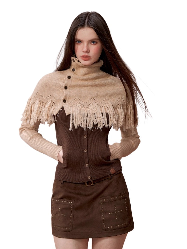 Color-Block High Neck Knit Top &amp; Fringe Cape Set