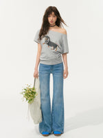 Off-Shoulder Pearl Embroidered Asymmetrical T-shirt