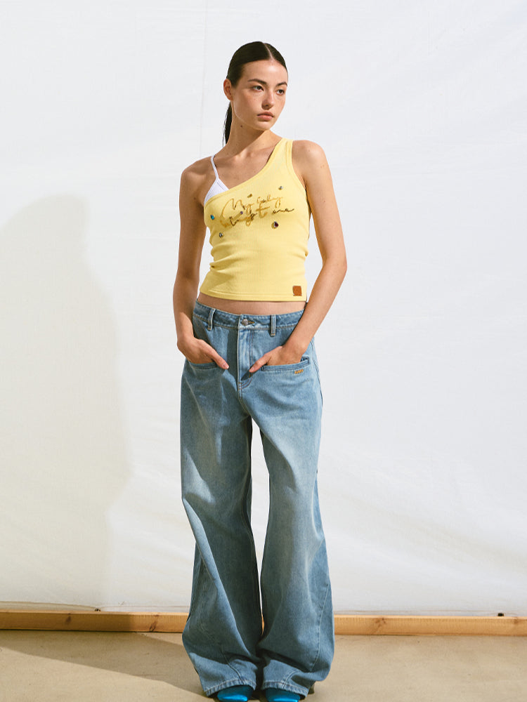 Off-Shoulder Handmade Color Rhinestone Knitted Cami