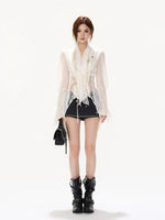 French Lace Chiffon Tie Waist Blouse