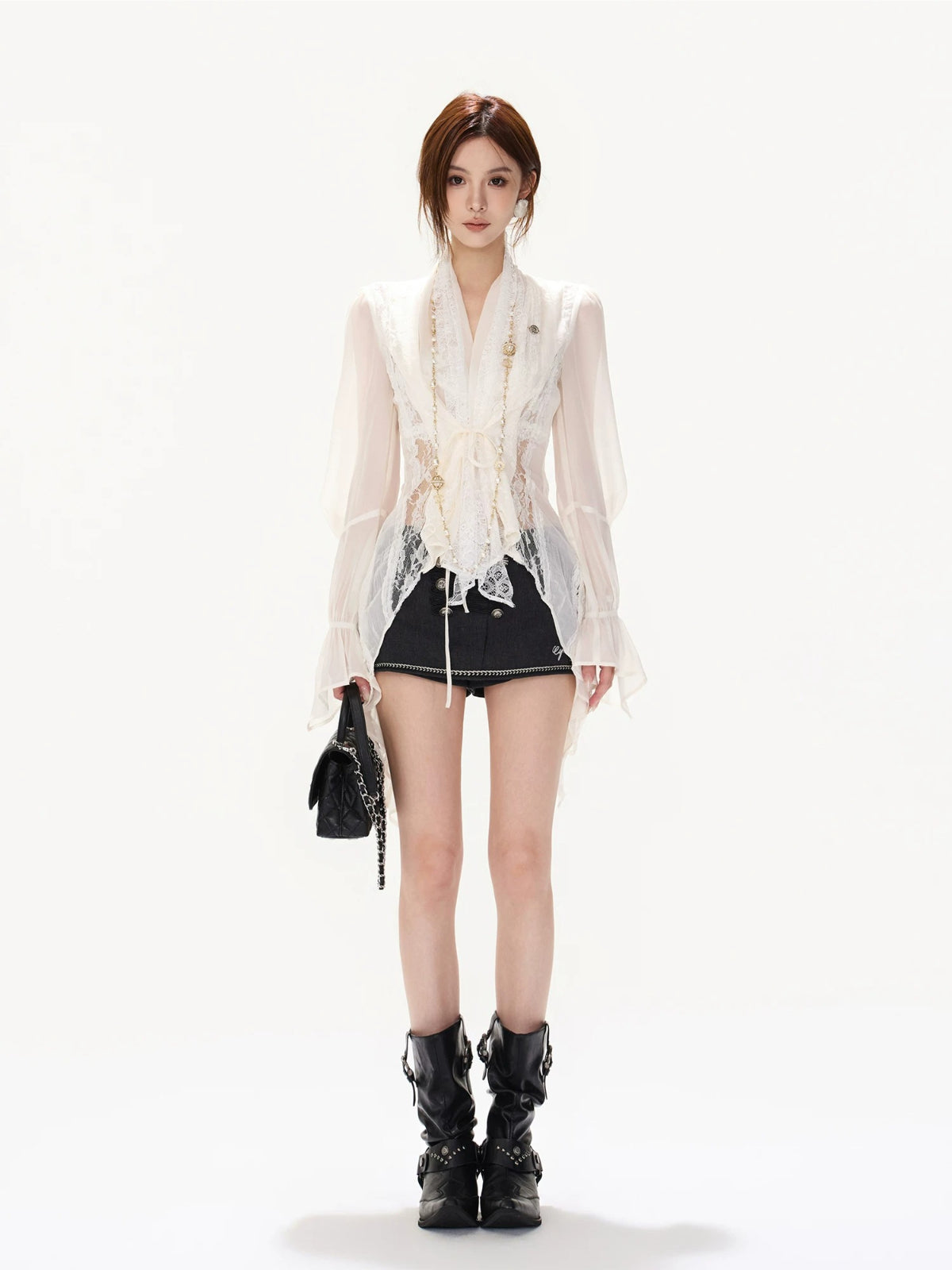 French Lace Chiffon Tie Waist Blouse