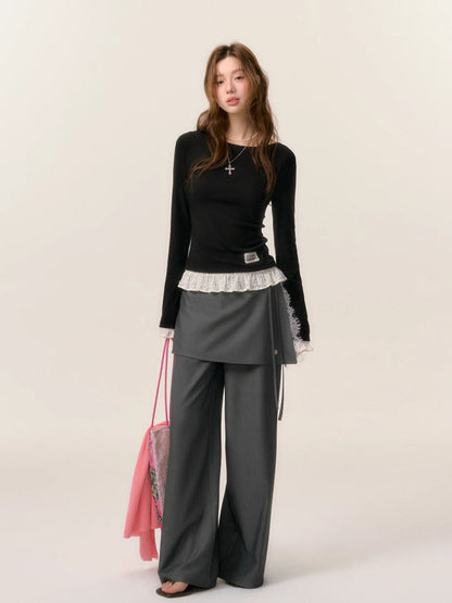 Patchwork Fake Two-Piece Wide-Leg Suit Pants