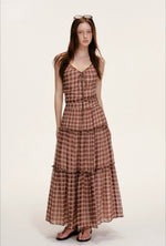 Vintage Brown Plaid Halter Maxi Dress