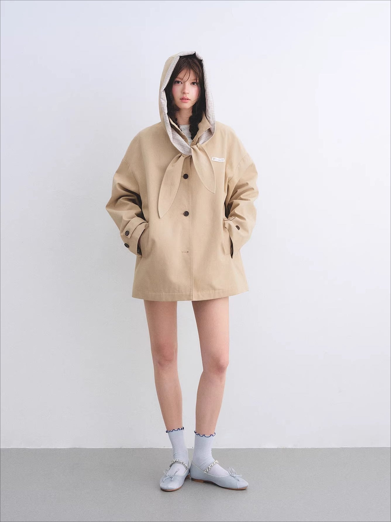Detachable Ear Plaid Trench