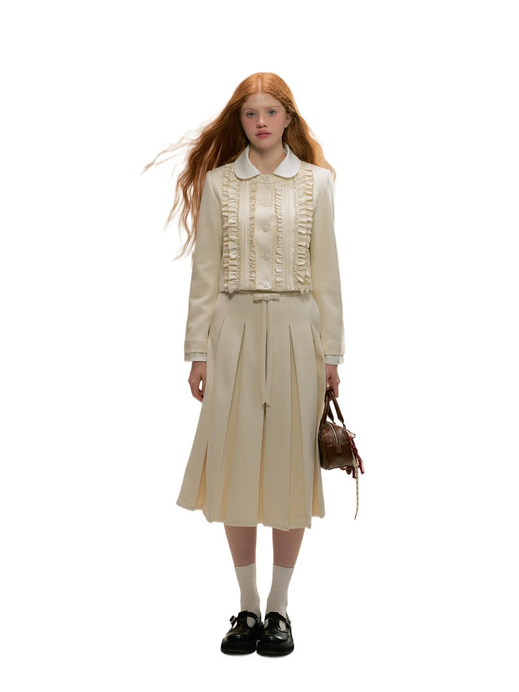 Ruffle Trim Woolen Coat & Pleated Skirt Set