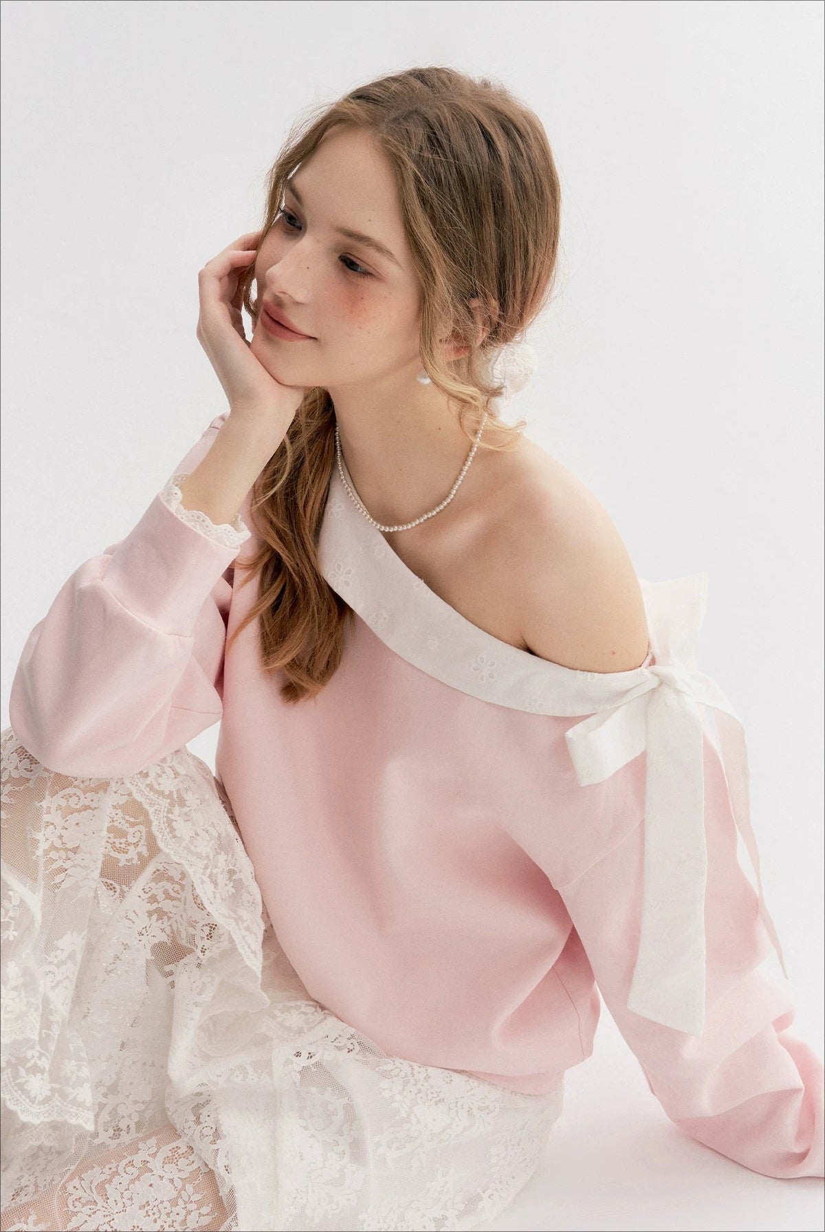 Navy &amp; Pink Bow Off-Shoulder Sweatshirt
