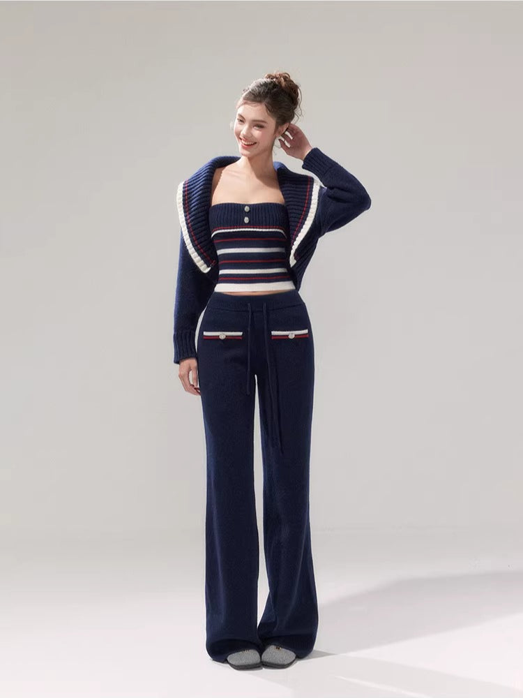 Navy Blue Striped Oversized Collar Knit Cardigan and Pants Set