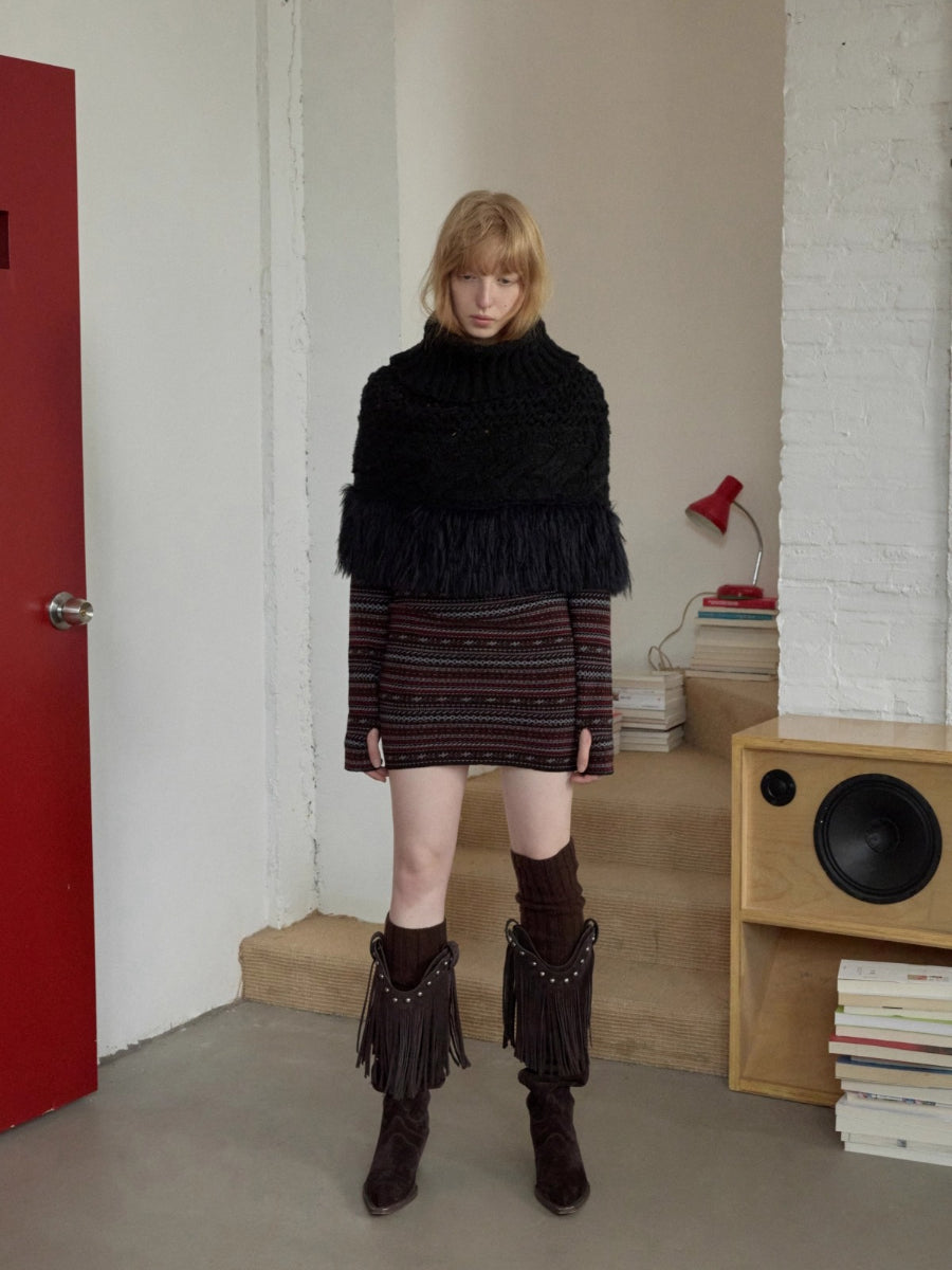 Cable Knit Fringed High-Neck Wool Blend Poncho