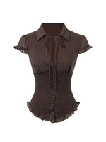 Blue & Brown Ruffle Tie Blouse