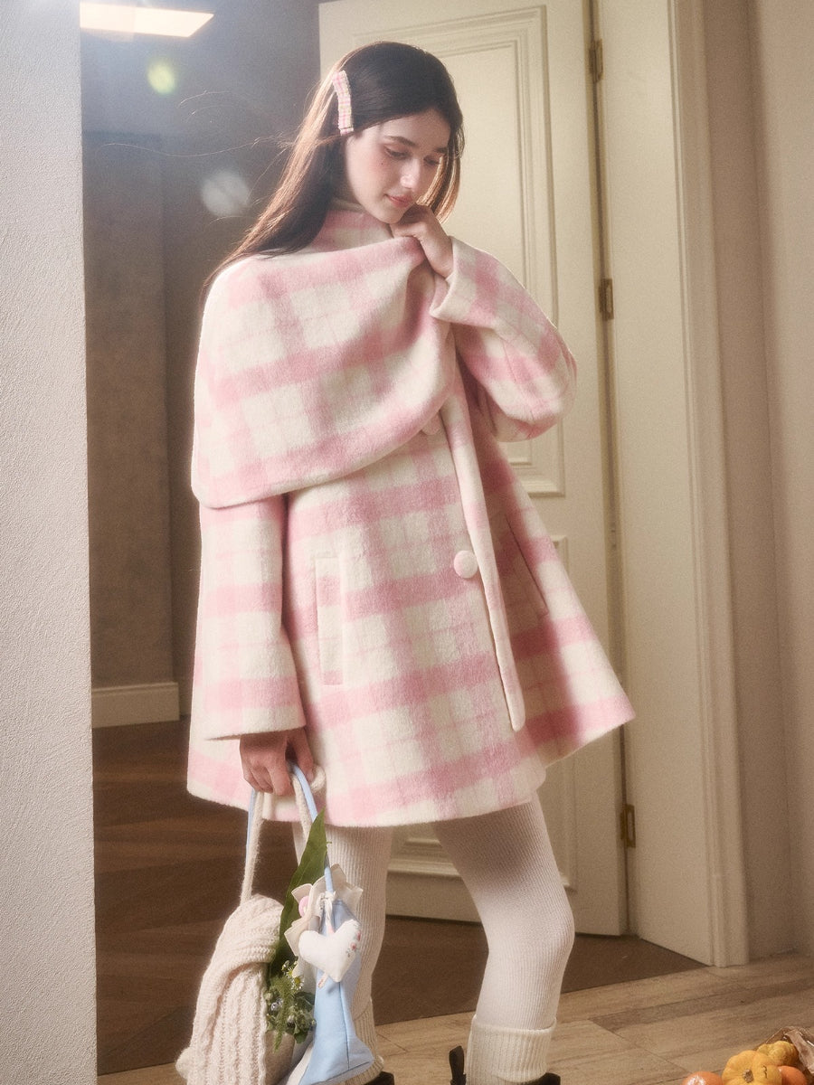 Baby Pink Raspberry Check Wool-Like Cape Coat