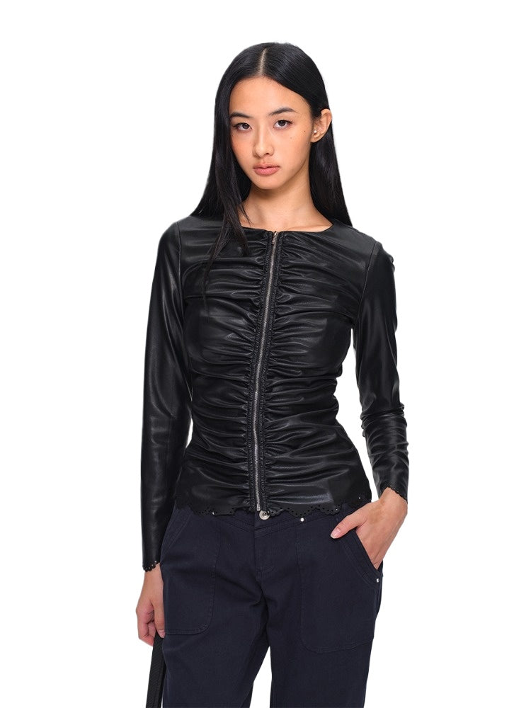 Ruched Burnout Slim Cropped Faux-Leather Jacket
