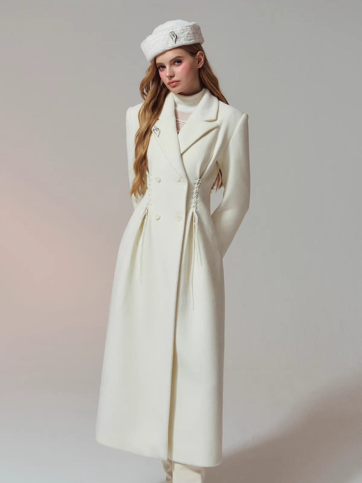 Laced Waist Double Breasted Wool Coat