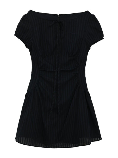 Navy Blue Tie-Waist Puff Mini Dress