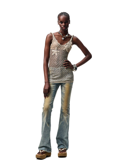 Washed Skinny Low-Rise Denim Flared Pants