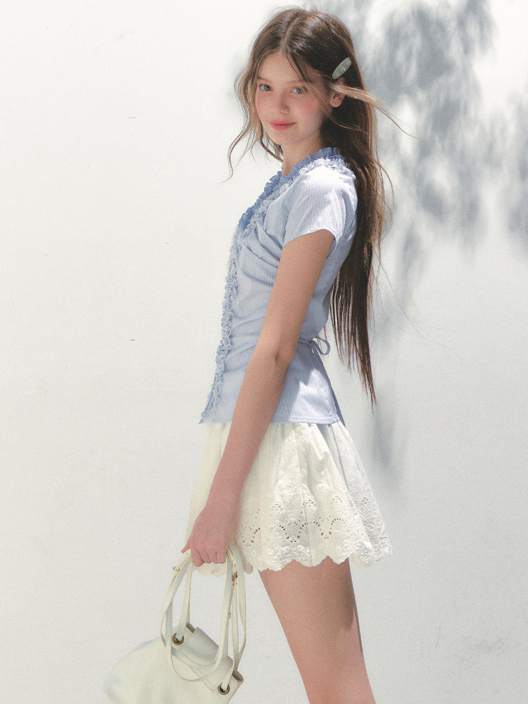 Blue Ruffled Lace Blouse