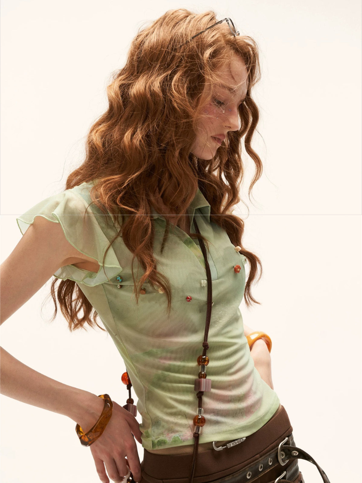 Vintage Beaded Polo Mesh Top