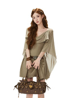 Brown Mesh Sleeve Knit Dress